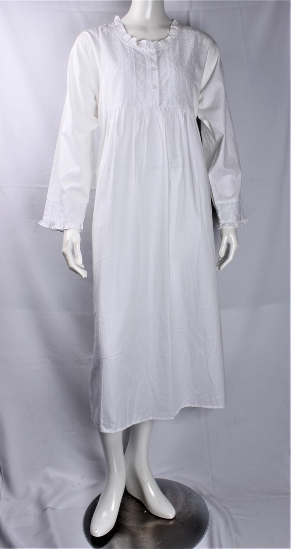 Cotton poplin winter L/S nightie w embroidered floral yoke and cuffs  white Style :AL/ND-452 image 0